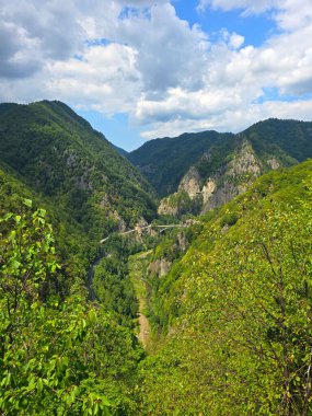 Transfagarasan Yolu ve güzel bir yaz gününde Poenari Kalesi 'nden görülen viyadükler. Arges, Romanya