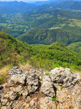 Dağların tepesindeki kayalık Bedeleu Dağı 'ndan ve yakınlardaki Aries Vadisi' nden görüntü geliyor. Güneşli bir yaz gününde yeşil ormanın üzerinde yüksek uçurum. Salciua, Alba, Romanya