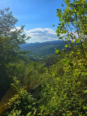 Güneşli bir yaz gününde Bedeleu Dağı yürüyüş parkurundan Aries Vadisi 'nin güzel manzarası. Salciua, Alba, Romanya