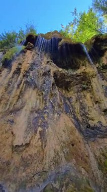 Cascada Pisoaia, güneşli bir yaz gününde yeşil ağaçlarla çevrili yeşil yosun şelalesi. Vidra, Alba, Romanya