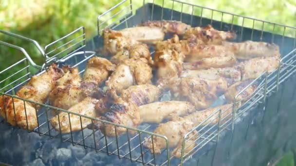 Gebratenes Hühnerfleisch Auf Dem Grill Freien Gebratenes Wird Auf Holzkohlegrills — Stockvideo