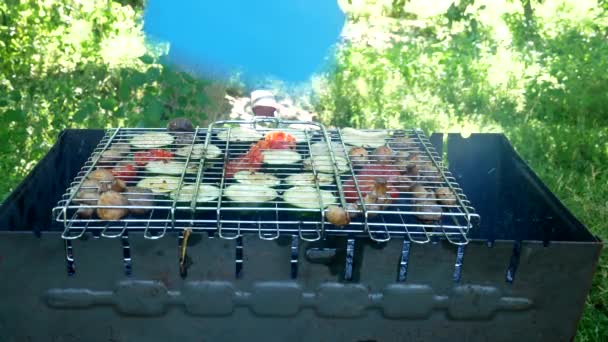 Sausages Grilled Vegetables Grill Outdoors Grilled Food Barbecue Fanning Fire — 비디오