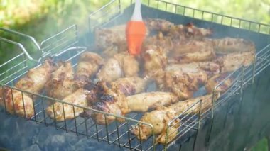 Fried chicken meats are smeared with a cooking brush. Fried chicken meats grilling outdoors. B-B-Q. Concept food picnic and camping. Close-up.