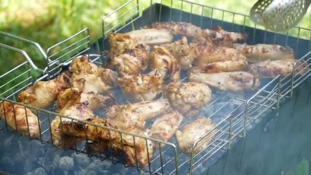 Roosteren Grill Gefrituurde Kip Vlees Grill Buiten Gefrituurd Voedsel Wordt — Stockvideo