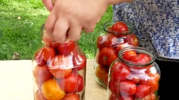 Pelestarian Konservasi Diasinkan Acar Tomat Dalam Toples Atas Meja Kayu — Stok Video