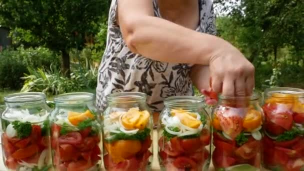 Preservations Conservation Salted Pickled Tomatoes Jars Wooden Table Pickling Tomatoes — Stock Video