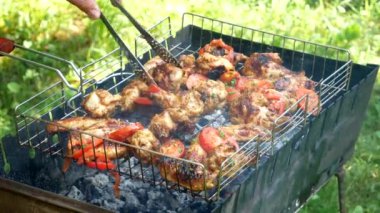 Fried chicken meats and tomatoes on the grill outdoors. B-B-Q. Fried food is fried and smoked on charcoal grills. It turns out a grill with delicious tasty chicken meats and vegetables. Slow motion.