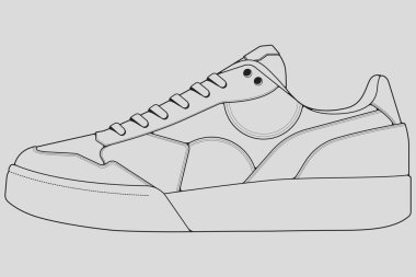 Ayakkabı ayakkabı çizimi çizim vektörü, çizim tarzında çizilmiş spor ayakkabıları, siyah çizgili spor ayakkabıları şablon çizimi, vektör ilüstrasyonu..
