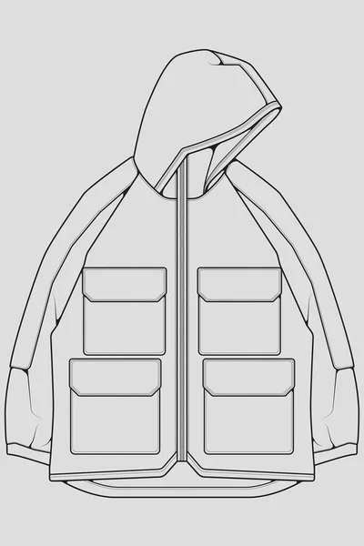 Windjacke Technische Mode Illustration Skizze Lange Ärmel Aufgesetzte Taschen Schablonenvorderseite — Stockvektor