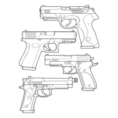 Ateşli silahlar serisi sanat tarzı, Atış Silahı, Silah illüstrasyonu, Vector Line, Silah illüstrasyonu, Modern Silah, Askeri konsept, Eğitim için Pistol hattı sanatı