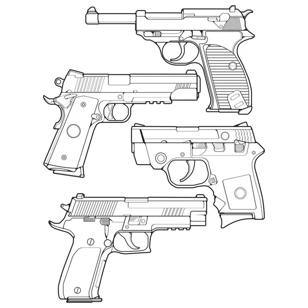Conjunto Armas Fuego Estilo Arte Línea Pistola Tiro Ilustración Armas — Vector de stock