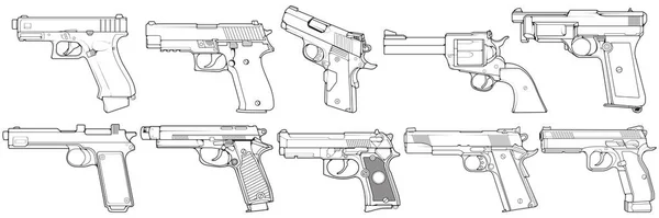 Набор Огнестрельного Оружия Линии Искусства Стрелковый Пистолет Оружие Иллюстрации Векторная — стоковый вектор