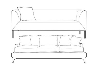 Kanepe ya da kanepe çizgisi çizgisi çizer. Oturma odası için mobilya taslağı. Vektör illüstrasyonu.