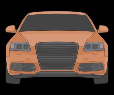 Siyah arkaplanda izole edilmiş renkli arabanın ön görünüm vektör illüstrasyonu, Düz Çizgi Film Biçiminde Araç.