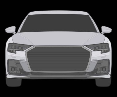 Siyah arkaplanda izole edilmiş renkli arabanın ön görünüm vektör illüstrasyonu, Düz Çizgi Film Biçiminde Araç.