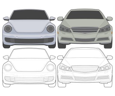 Beyaz arkaplanda izole edilmiş renkli arabanın ön görünüm vektör çizimi, Düz Çizgi Film Biçiminde Araç.