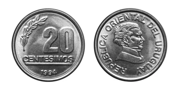 Obverse Reverse 1994 Húsz Centesimos Rozsdamentes Acél Uruguay Érme Elszigetelt — Stock Fotó