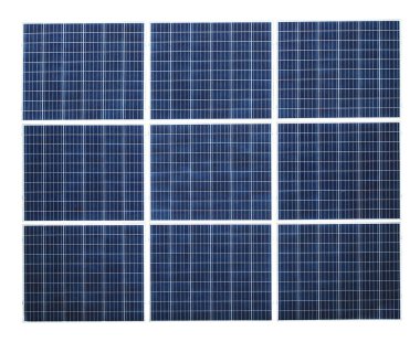 Beyaz arkaplanda dokuz güneş paneli izole edildi