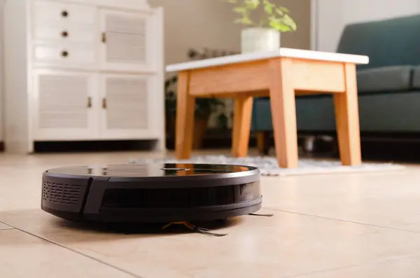 Evdeki yerleri silip süpüren siyah bir robot..