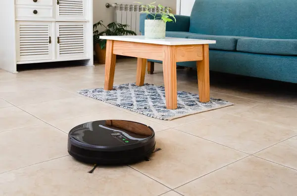 Oturma odasının zeminini silip süpüren siyah bir robot.. 
