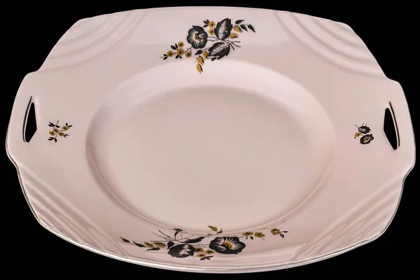 Rare vintage MZ Czechoslovakia pink porcelain platter, ornate with floral design, isolated on black background.