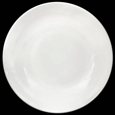 Empty white round ceramic soup plate, top view, isolated on black background, top view.