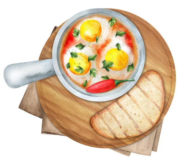 Baked Eggs Tomato Sauce Other Vegetables Served Bread Wooden Background — Stock Photo, Image