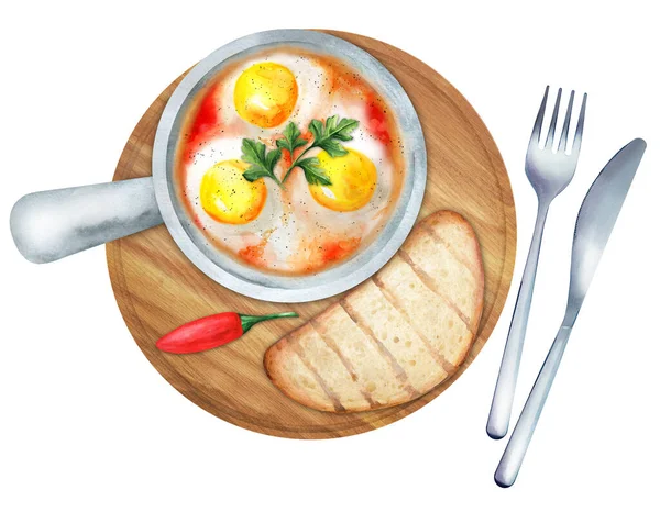 在番茄酱中烘焙的鸡蛋与面包和胡椒一起放在木制背景下食用 顶部视图 水彩画手绘插图 适用于菜单 食谱及餐厅 — 图库照片