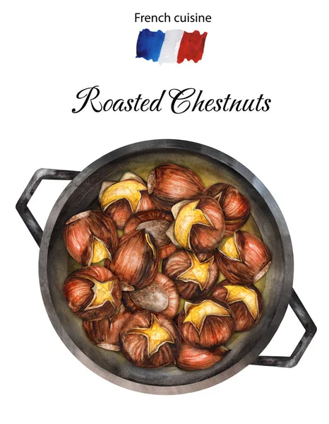 烤栗子在锅里 传统的季节性法国菜 顶部视图 水彩画手绘插图 适用于菜单 食谱及餐厅 — 图库照片