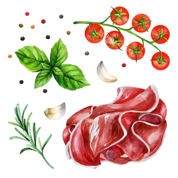 带有罗勒 西红柿和香料的美味的意大利火腿片 背景为白色 手绘水彩画 适用于菜单 食谱及餐厅 — 图库照片