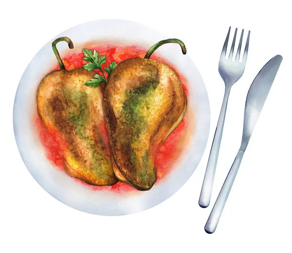 White Plate Mexican Stuffed Chile Relleno Stuffed Peppers Meat Vegetables — Stock Photo, Image