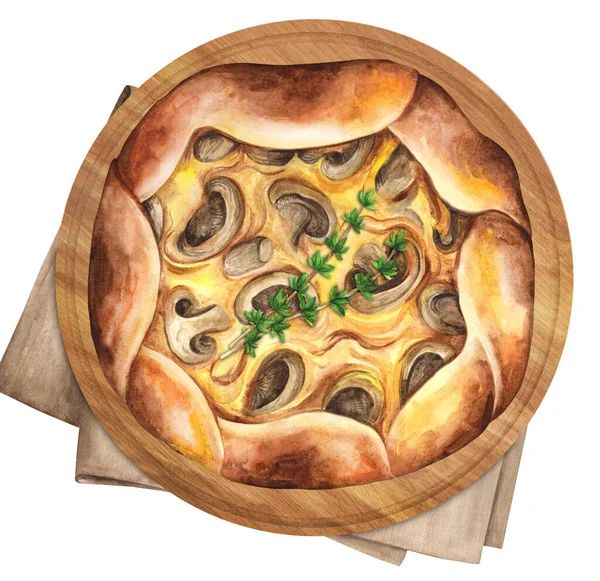 加番茄酱和蘑菇的加莱特带有蘑菇的自制蛋糕 放在木板上食用 水彩画手绘插图 适用于菜单和食谱 顶部视图 — 图库照片