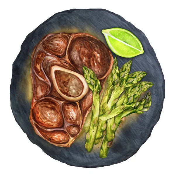 小牛肉小腿牛排与烤芦笋和石灰在一个黑色的石盘 意大利菜手绘水彩画 适用于菜单 食谱及餐厅 — 图库照片