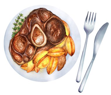 Kızarmış patates ve baharatlı otlarla dolu bir tabakta Ossobuco. Üst Manzara. Suluboya el çizimi çizimi. Menü, yemek kitabı ve restoran için uygun