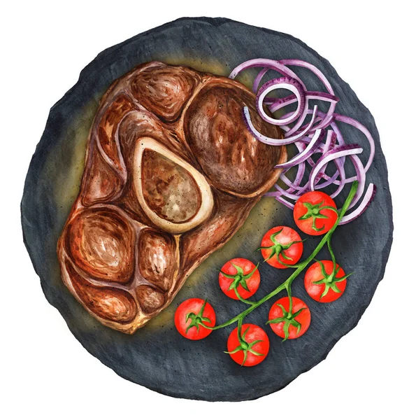 用洋葱和西红柿在牛肉干上烤肉 意大利菜手绘水彩画 适用于菜单 食谱及餐厅 — 图库照片