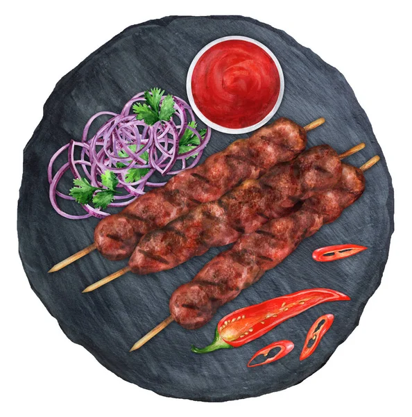 Ψητό Lula Kebab Κεμπάπ Αρνί Σουβλάκια Μπαχαρικά Μαύρο Πιάτο Παραδοσιακό — Φωτογραφία Αρχείου