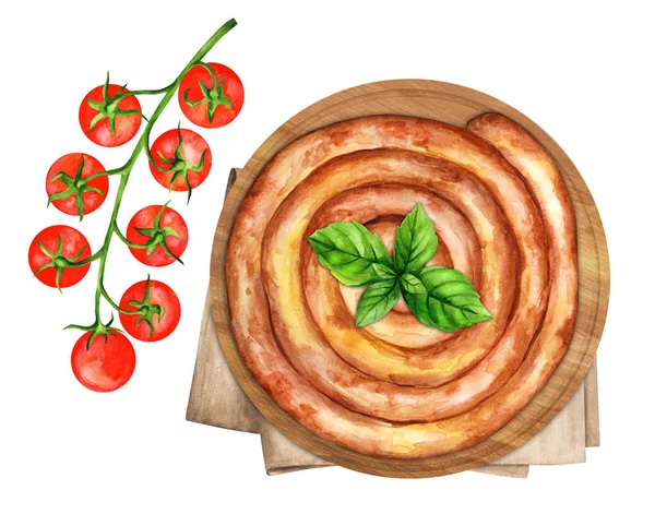 保加利亚Banita 土制奶酪派 表面涂有植树糕点 水彩画手绘插图 适用于菜单 食谱等 顶部视图 — 图库照片
