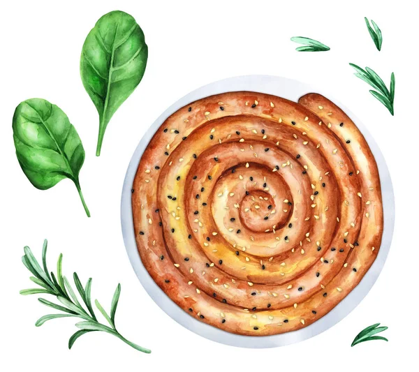 Tradycyjne Greckie Ciasto Serowe Kształcie Bułki Szpinakiem Serem Feta Ozdobione — Zdjęcie stockowe