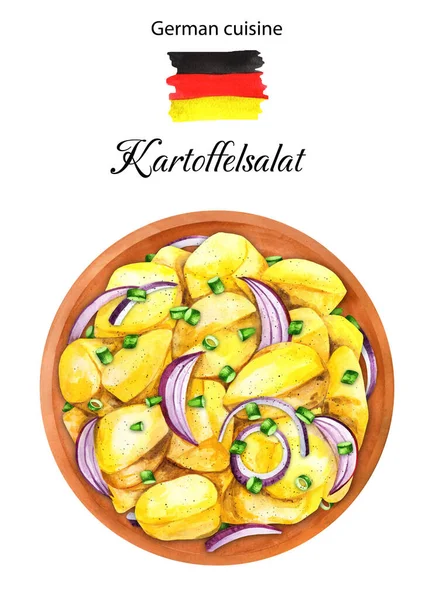 Traditionell Tysk Potatissallad Kartoffelsalat Akvarell Illustration Högst Upp Akvarell Handritad — Stockfoto