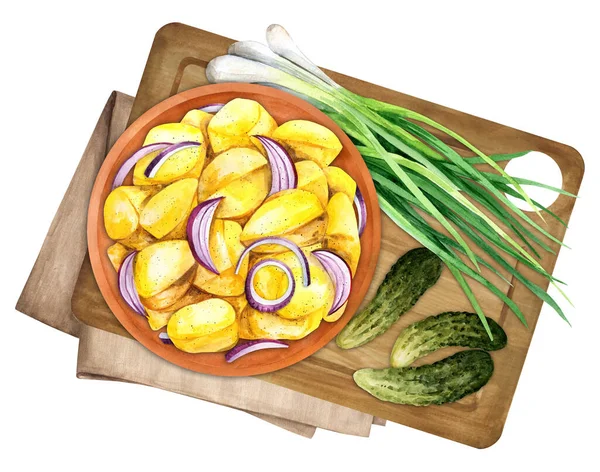Ensalada Tradicional Alemana Patatas Kartoffelsalat Servido Con Cebollas Verdes Pepinos —  Fotos de Stock