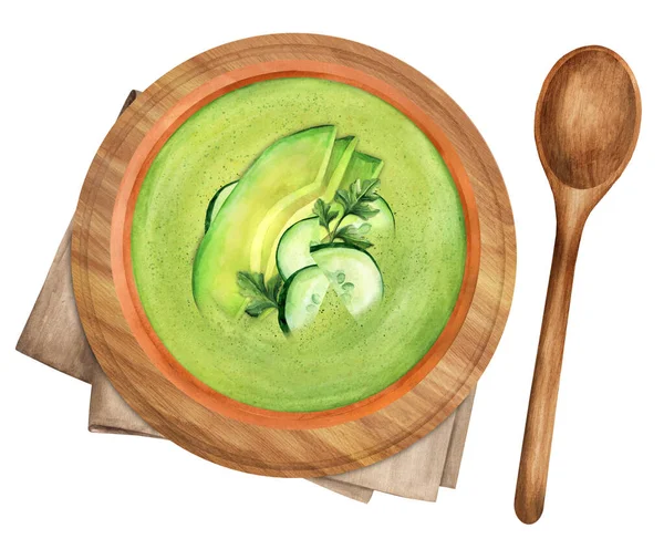 Chilled cucumber soup with avocado and parsley in bowl on wooden background. Rustic style. Top view. Hand-drawn watercolor illustration. Suitable for menus, cookbook and restaurant