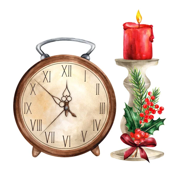 Vintage clock and candlestick with burning candle with christmas decorations.Watercolor illustration painting isolated on white background.