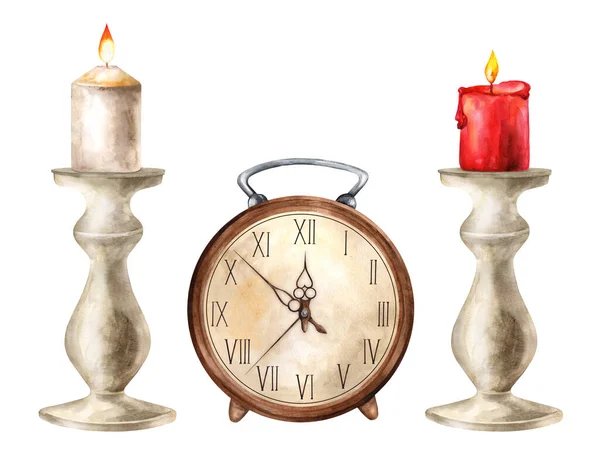 Vintage clock and candlesticks with burning candle. Interior items. Watercolor illustration painting isolated on white background.