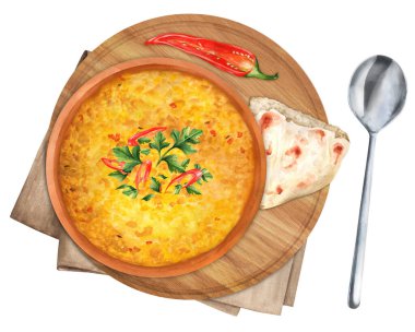 Tahta zemin üzerinde seramik kasede yassı ekmek chapati ile mercimek çorbası. Hint mutfağı. Üst Manzara. Menü, yemek kitabı ve restoran için uygun