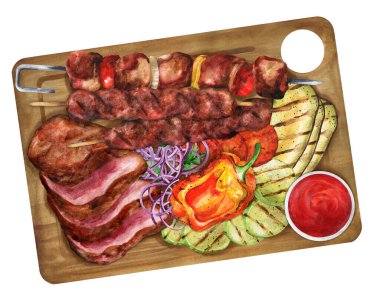 Assorted tasty grilled meat with vegetables and sauce on wooden board. Top view. Watercolor hand drawn illustration. Suitable for menu, cookbook and  restaurant