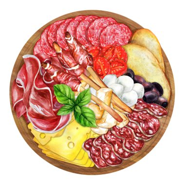 Italian appetizers or antipasto. Mixed delicatessen of cheese and meat snacks. Hand-drawn watercolor illustration. Suitable for menus, cookbook and  restaurant