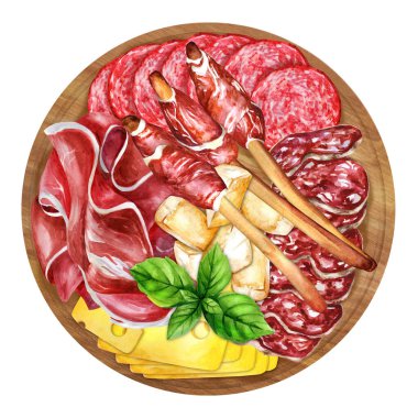 Antipasto of cold meat and grissini bread sticks on wooden background. Traditional Italian appetizers. Hand-drawn watercolor illustration. Suitable for menus, cookbook and  restaurant