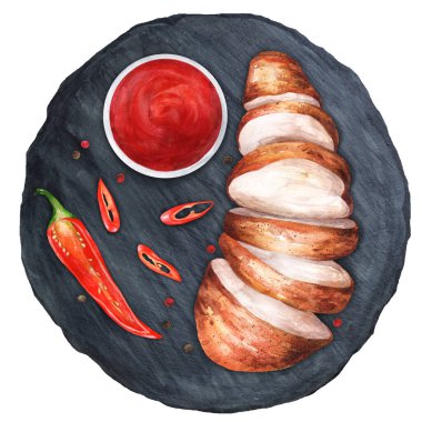 Sliced chicken breast with spices on a stone board with red sauce. Top view. Watercolor hand drawn illustration. Suitable for menu, cookbook and restaurant