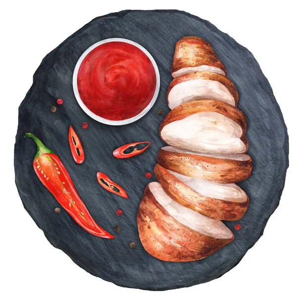 Sliced chicken breast with spices on a stone board with red sauce. Top view. Watercolor hand drawn illustration. Suitable for menu, cookbook and restaurant