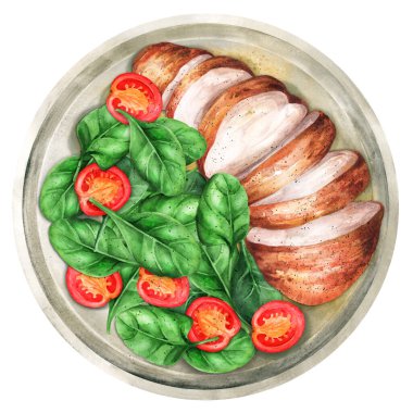 Roasted chicken fillet and fresh tomato vegetable salad. Chicken meat with salad. Healthy eating. Hand-drawn watercolor illustration. Suitable for menus, cookbook and  restaurant